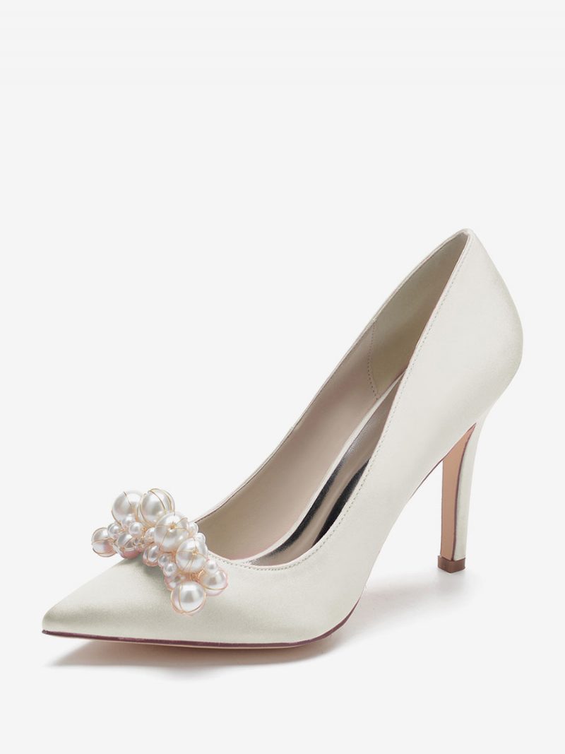 Damen-hochzeitsschuhe Mit Hohem Absatz Satin Spitzer Zehenbereich Perlen Stiletto-absatz Brautpumps - Elfenbein