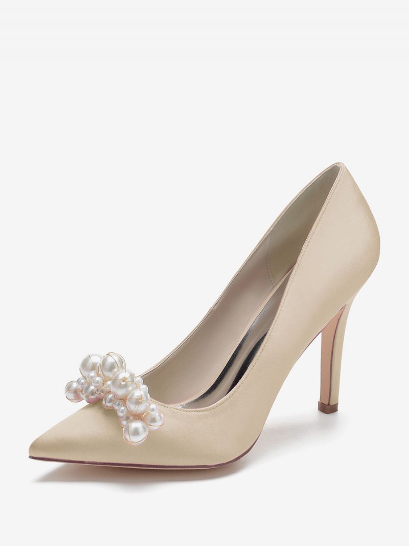 Damen-hochzeitsschuhe Mit Hohem Absatz Satin Spitzer Zehenbereich Perlen Stiletto-absatz Brautpumps - Champagner