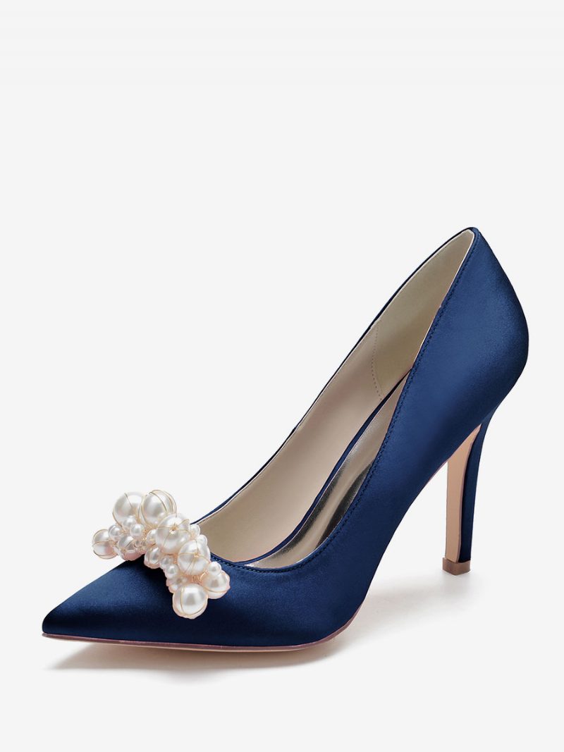 Damen-hochzeitsschuhe Mit Hohem Absatz Satin Spitzer Zehenbereich Perlen Stiletto-absatz Brautpumps - Tiefblau