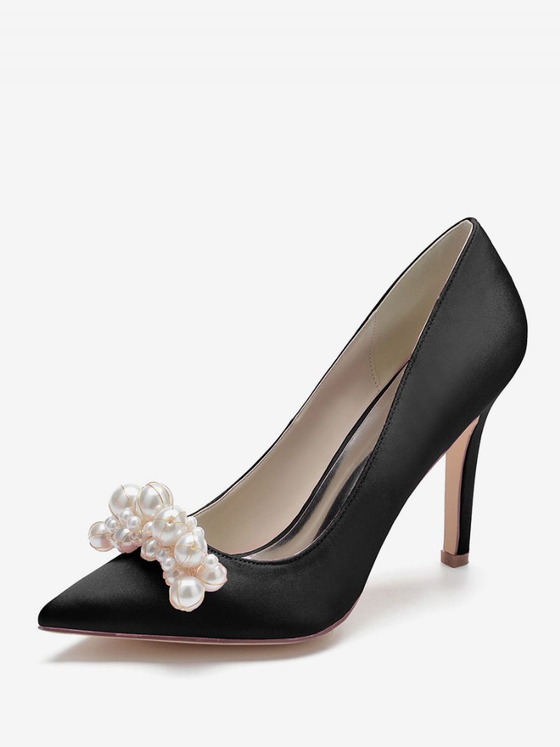 Damen-hochzeitsschuhe Mit Hohem Absatz Satin Spitzer Zehenbereich Perlen Stiletto-absatz Brautpumps - Schwarz