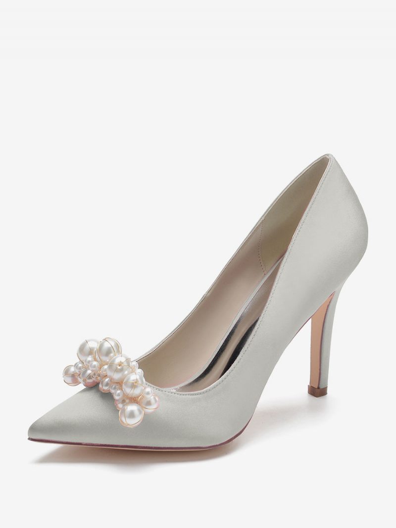 Damen-hochzeitsschuhe Mit Hohem Absatz Satin Spitzer Zehenbereich Perlen Stiletto-absatz Brautpumps - Silber