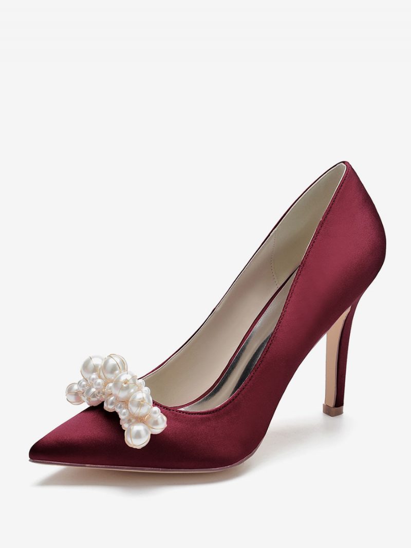 Damen-hochzeitsschuhe Mit Hohem Absatz Satin Spitzer Zehenbereich Perlen Stiletto-absatz Brautpumps - Burgund