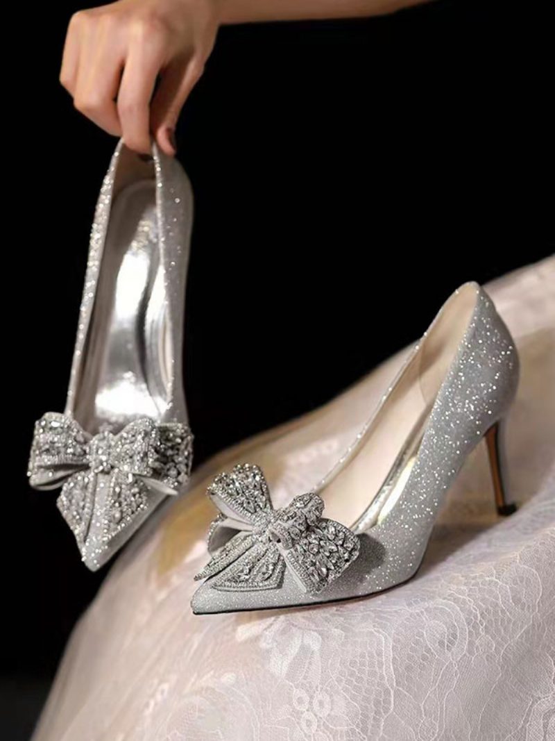 Damen-hochzeitsschuhe Mit Pailletten Silberner Spitze Strasssteinen Schleife Stiletto-absatz Party-schuhe - Silber