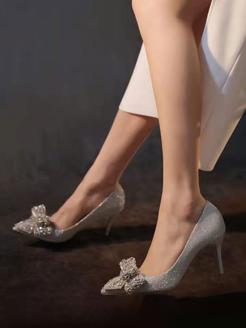 Damen-hochzeitsschuhe Mit Pailletten Silberner Spitze Strasssteinen Schleife Stiletto-absatz Party-schuhe - Silber