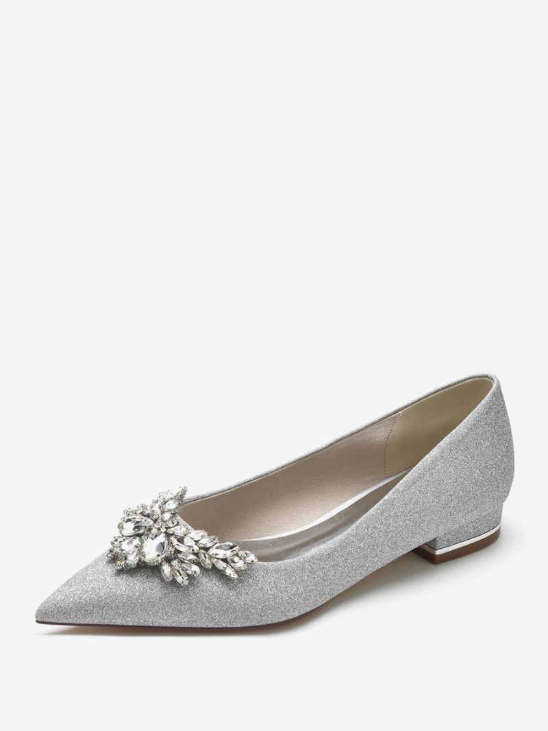 Damen-hochzeitsschuhe Mit Pailletten Spitzem Zehenbereich Und Strasssteinen Flache Brautschuhe - Silber