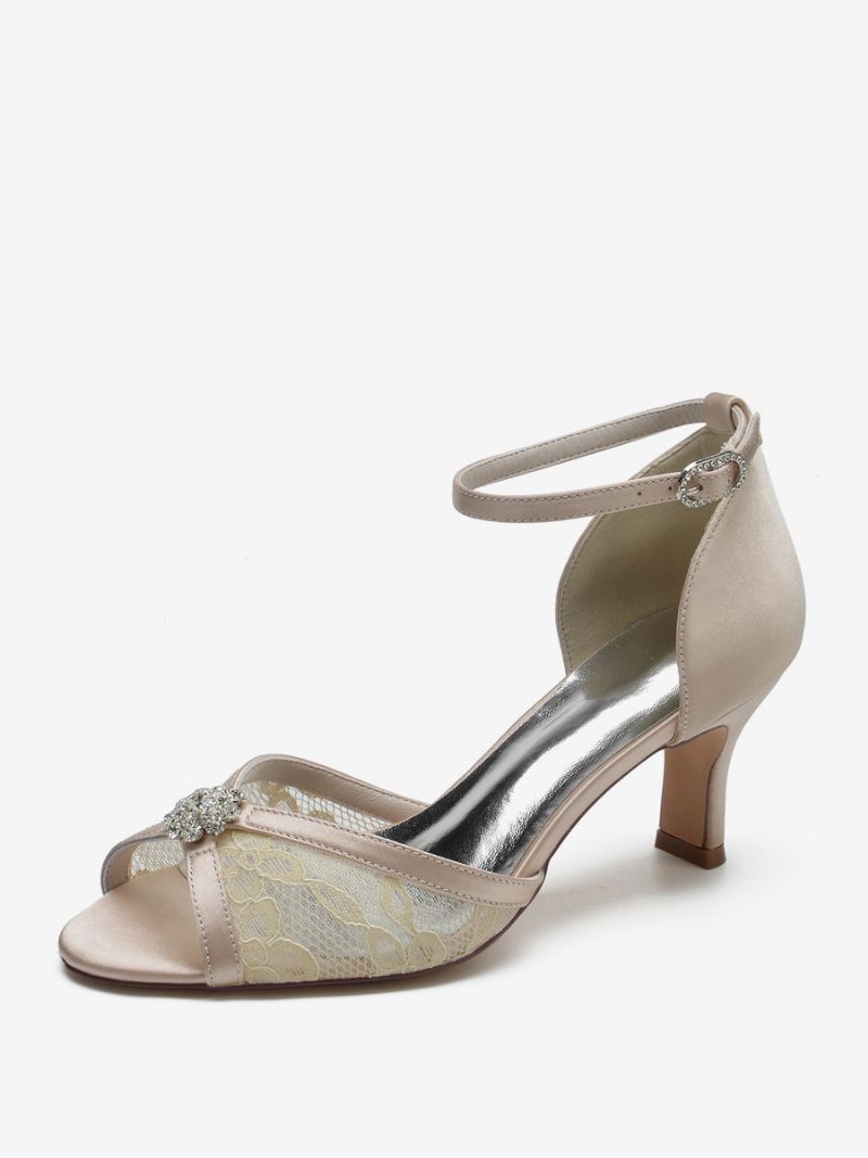 Damen-hochzeitsschuhe Mit Spitze Peep-toe-strasssteinen Brautschuhe Klobigem Absatz - Champagner