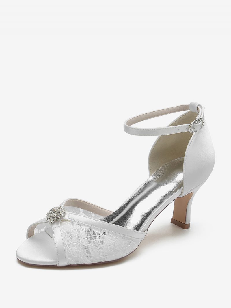 Damen-hochzeitsschuhe Mit Spitze Peep-toe-strasssteinen Brautschuhe Klobigem Absatz - Weiß