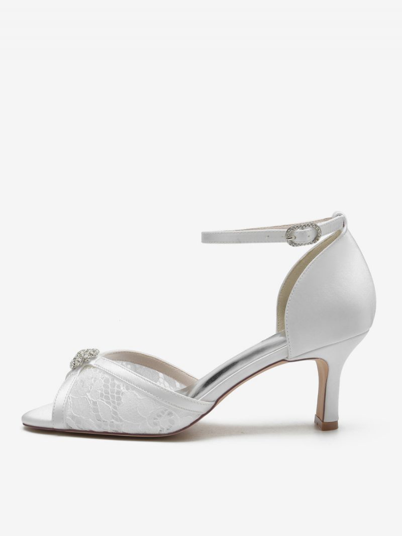 Damen-hochzeitsschuhe Mit Spitze Peep-toe-strasssteinen Brautschuhe Klobigem Absatz - Weiß