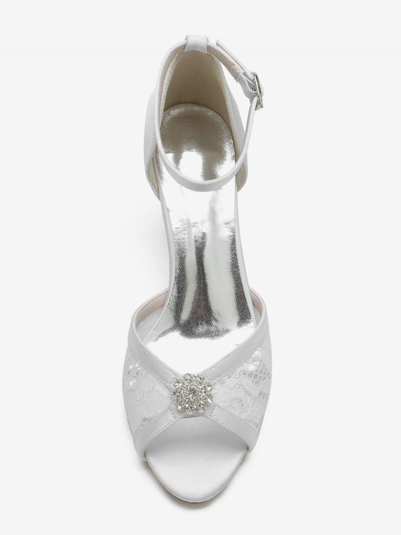 Damen-hochzeitsschuhe Mit Spitze Peep-toe-strasssteinen Brautschuhe Klobigem Absatz - Weiß