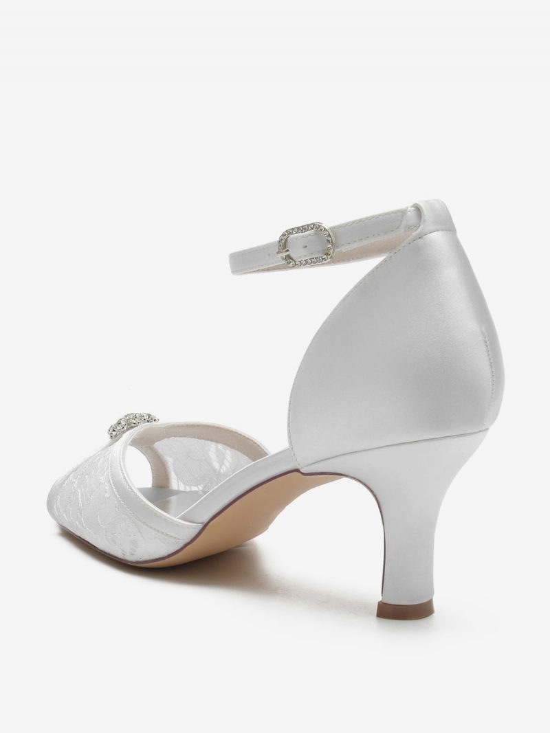 Damen-hochzeitsschuhe Mit Spitze Peep-toe-strasssteinen Brautschuhe Klobigem Absatz - Weiß