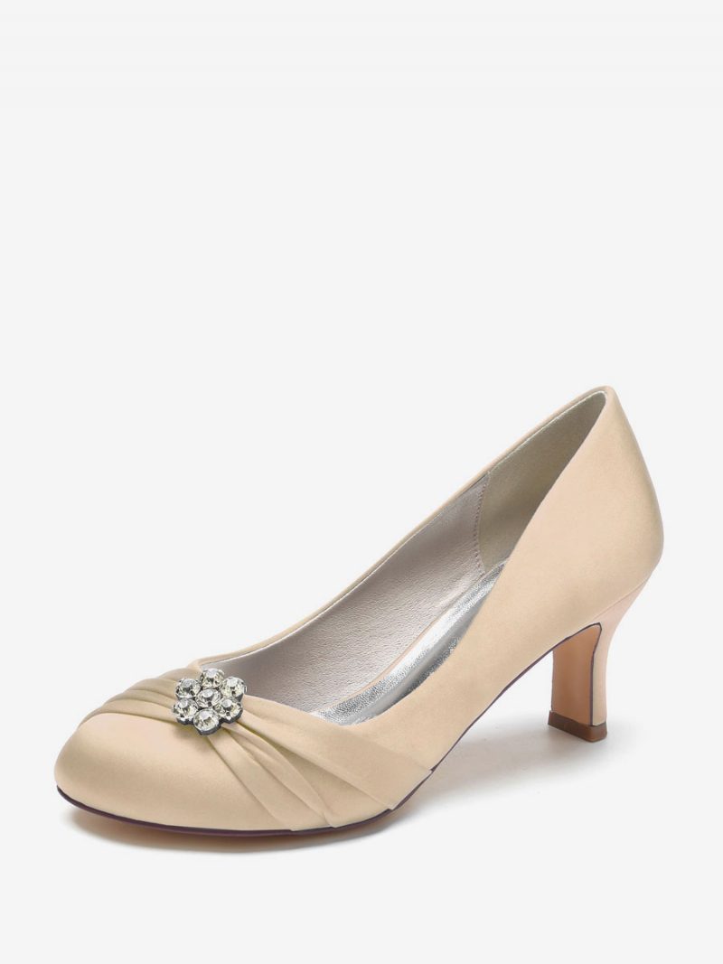 Damen-hochzeitsschuhe Satin Runde Zehenpartie Strasssteine Klobiger Absatz Brautschuhe - Champagner