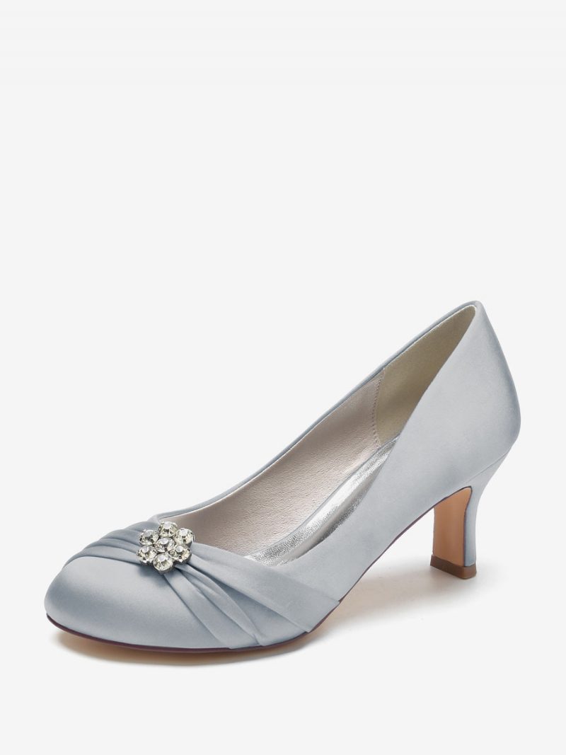 Damen-hochzeitsschuhe Satin Runde Zehenpartie Strasssteine Klobiger Absatz Brautschuhe - Silber