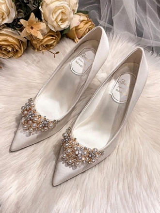 Damen-hochzeitsschuhe Satin Weiß Spitzer Zehenbereich Strasssteine Stiletto-absatz Brautschuhe