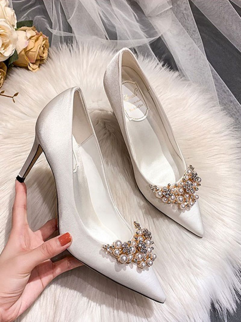 Damen-hochzeitsschuhe Satin Weiß Spitzer Zehenbereich Strasssteine Stiletto-absatz Brautschuhe - Weiß