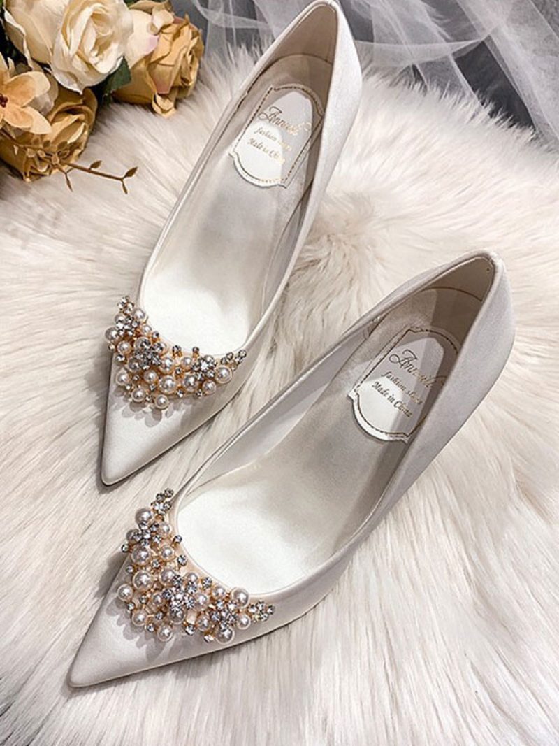 Damen-hochzeitsschuhe Satin Weiß Spitzer Zehenbereich Strasssteine Stiletto-absatz Brautschuhe - Weiß