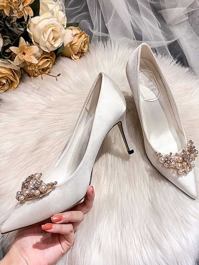 Damen-hochzeitsschuhe Satin Weiß Spitzer Zehenbereich Strasssteine Stiletto-absatz Brautschuhe - Weiß