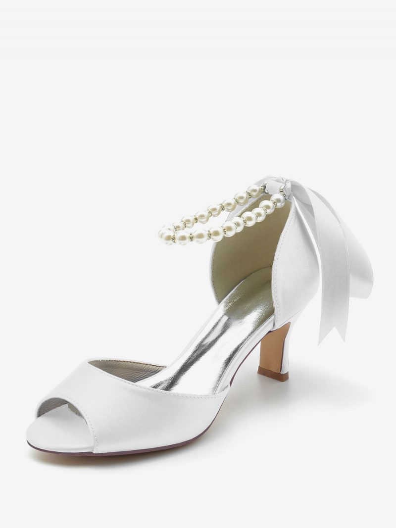 Damen-hochzeitsschuhe Satin Weiße Perlen Peep-toe-pumps Mit Schleife Und Knöchelriemen