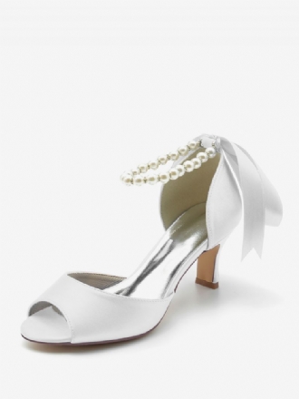 Damen-hochzeitsschuhe Satin Weiße Perlen Peep-toe-pumps Mit Schleife Und Knöchelriemen