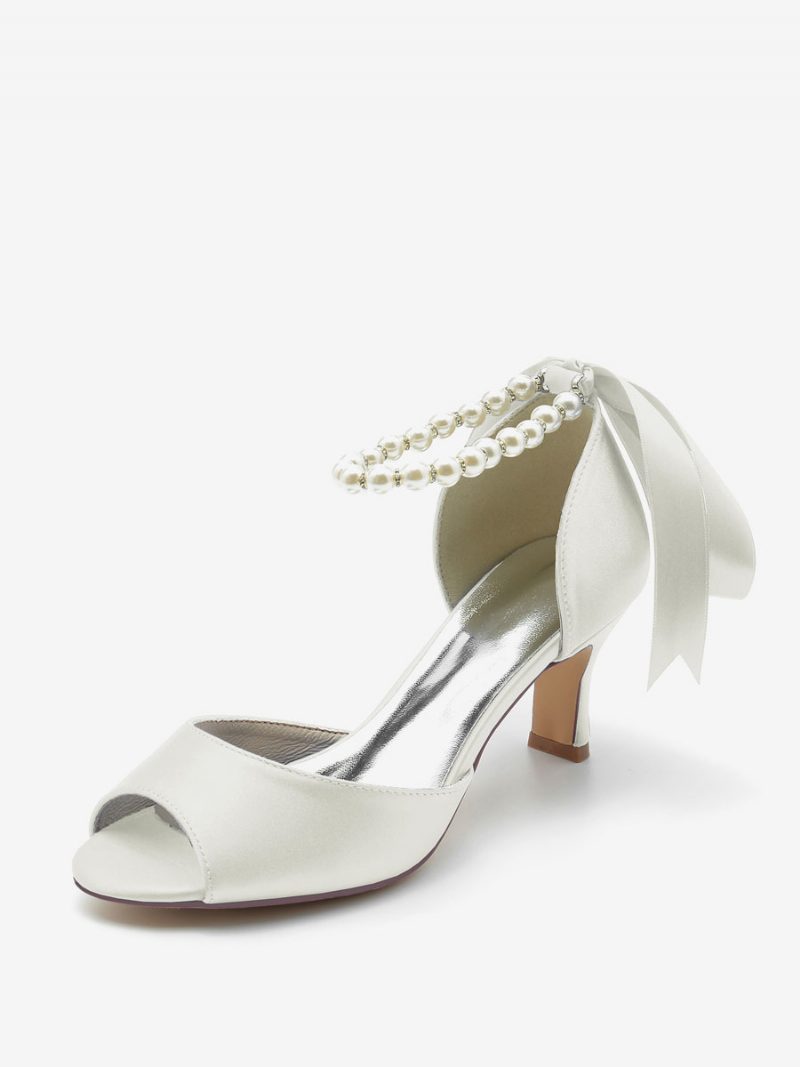 Damen-hochzeitsschuhe Satin Weiße Perlen Peep-toe-pumps Mit Schleife Und Knöchelriemen - Elfenbein