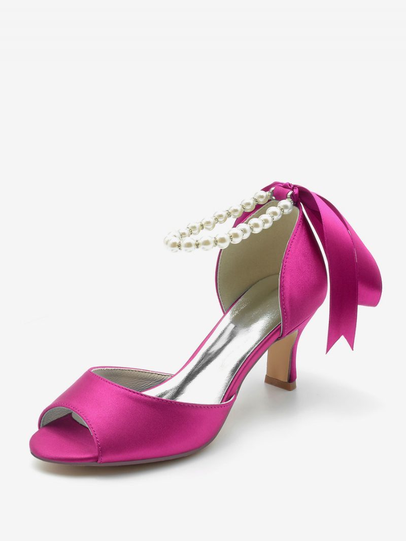 Damen-hochzeitsschuhe Satin Weiße Perlen Peep-toe-pumps Mit Schleife Und Knöchelriemen - Rose