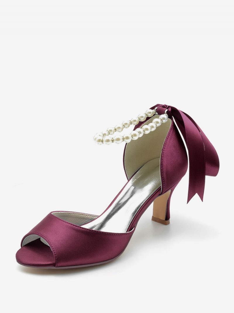 Damen-hochzeitsschuhe Satin Weiße Perlen Peep-toe-pumps Mit Schleife Und Knöchelriemen - Burgund