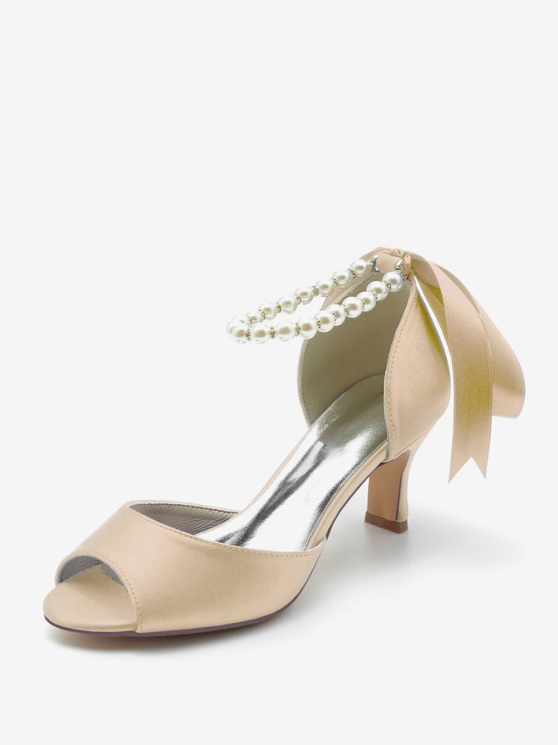 Damen-hochzeitsschuhe Satin Weiße Perlen Peep-toe-pumps Mit Schleife Und Knöchelriemen - Champagner