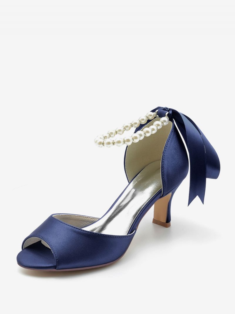 Damen-hochzeitsschuhe Satin Weiße Perlen Peep-toe-pumps Mit Schleife Und Knöchelriemen - Tiefblau