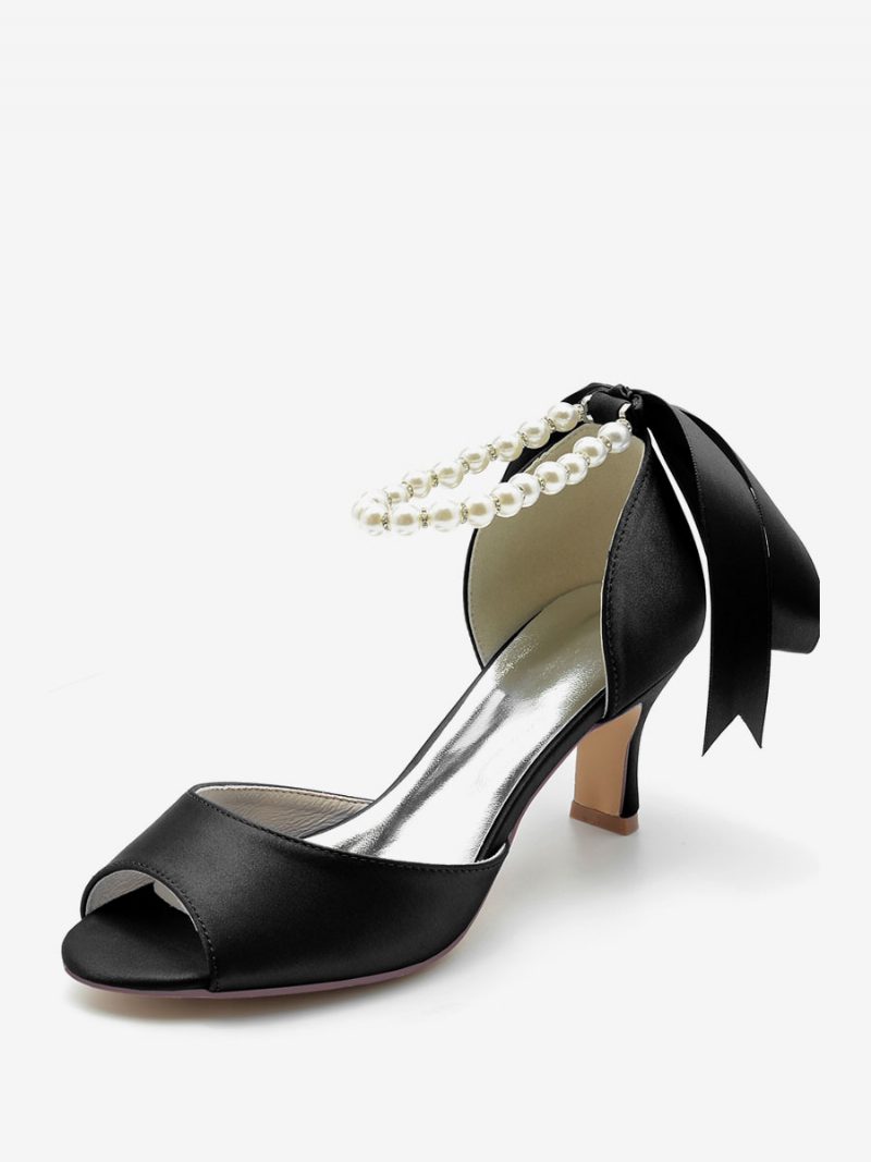 Damen-hochzeitsschuhe Satin Weiße Perlen Peep-toe-pumps Mit Schleife Und Knöchelriemen - Schwarz