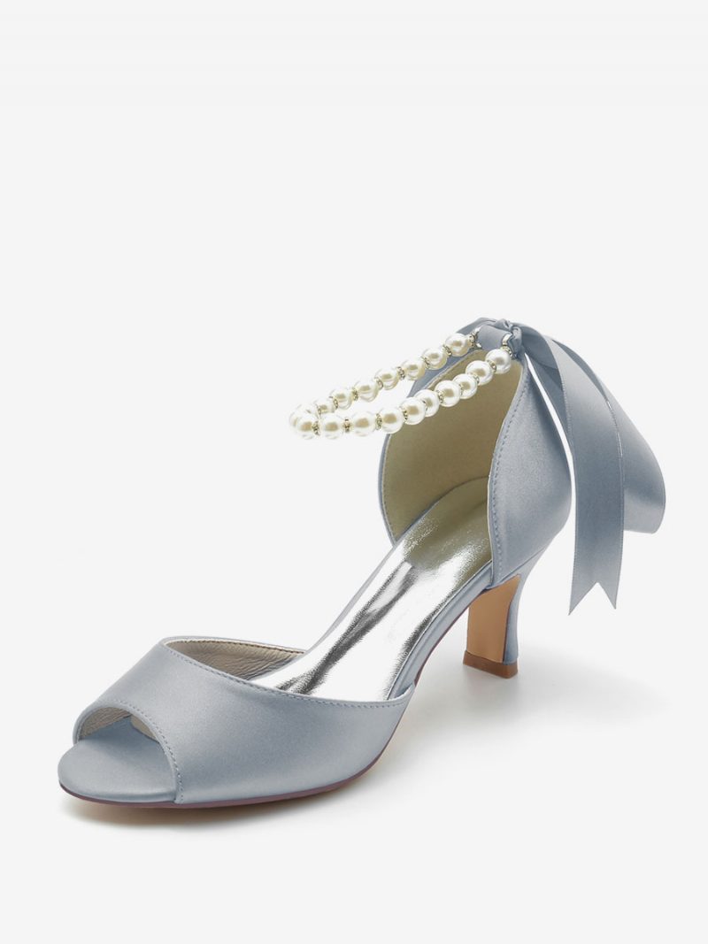 Damen-hochzeitsschuhe Satin Weiße Perlen Peep-toe-pumps Mit Schleife Und Knöchelriemen - Silber