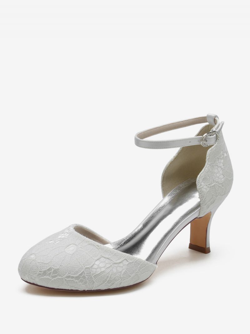 Damen-hochzeitsschuhe Satin Weiße Runde Zehenpartie Strasssteine Klobiger Absatz Brautschuhe - Weiß