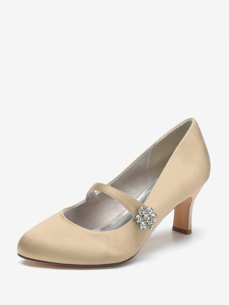 Damen-hochzeitsschuhe Satin Weiße Runde Zehenpartie Strasssteine Klobiger Absatz Vintage-brautschuhe - Champagner