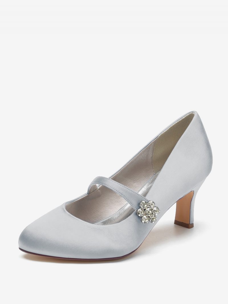 Damen-hochzeitsschuhe Satin Weiße Runde Zehenpartie Strasssteine Klobiger Absatz Vintage-brautschuhe - Silber