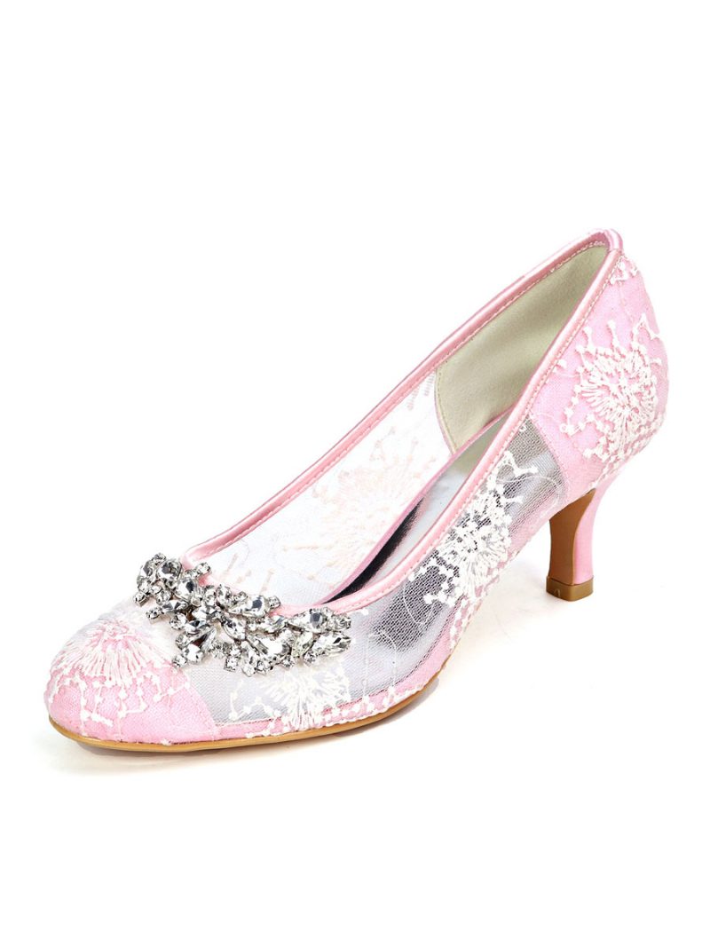 Damen-hochzeitsschuhe Spitze Elfenbeinfarben Runde Zehenpartie Strasssteine Kitten-heel-brautschuhe - Rosa