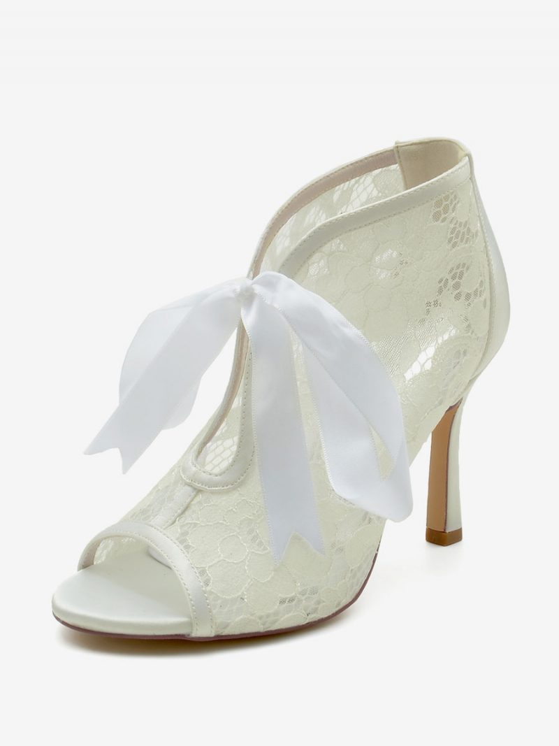 Damen-hochzeitsschuhe Spitze Weiße Schleifen Peep-toe-hochzeitssandalen - Elfenbein