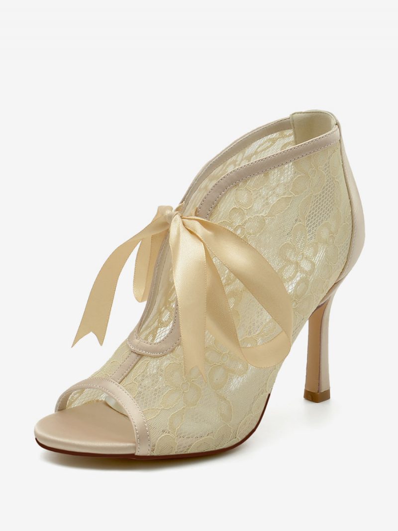 Damen-hochzeitsschuhe Spitze Weiße Schleifen Peep-toe-hochzeitssandalen - Champagner