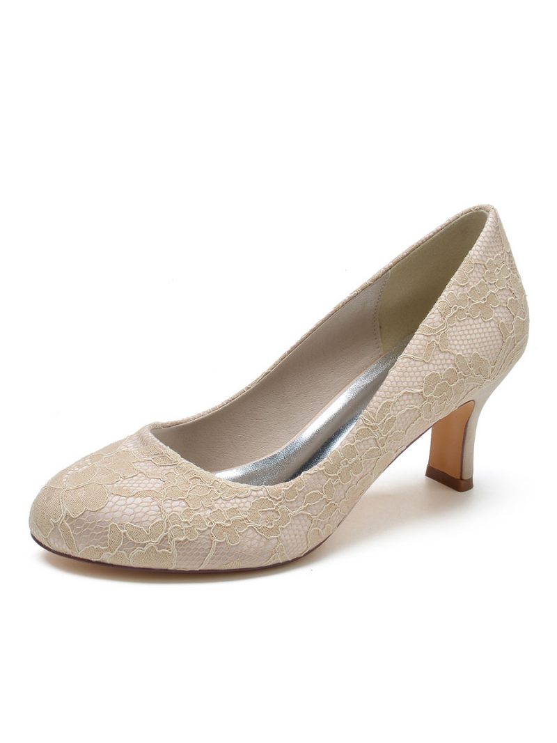 Damen-hochzeitsschuhe Spitzen-pumps Mit Runder Zehenpartie Und Klobigem Absatz - Champagner