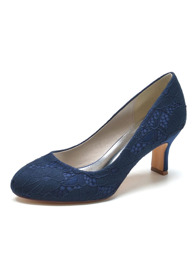 Damen-hochzeitsschuhe Spitzen-pumps Mit Runder Zehenpartie Und Klobigem Absatz - Tiefblau