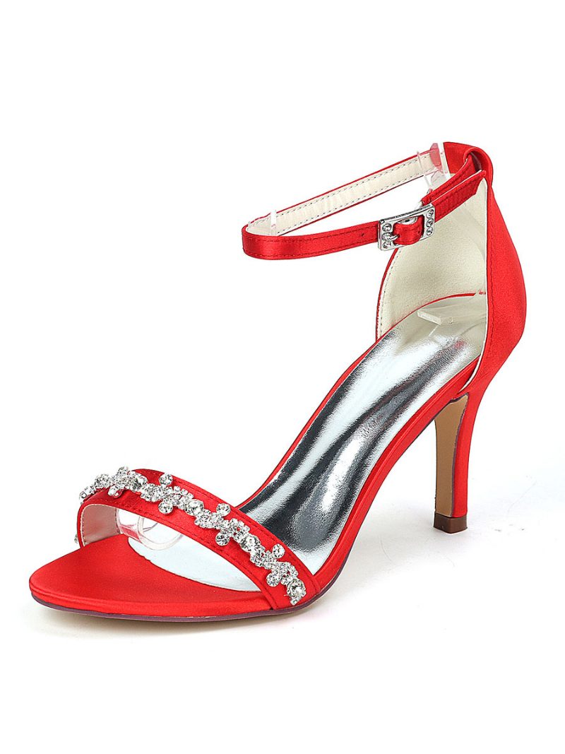 Damen-hochzeitsschuhe Strass-sandalen Mit Knöchelriemen Und Stiletto-absatz - Rot