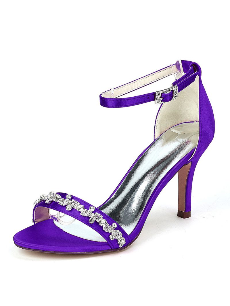 Damen-hochzeitsschuhe Strass-sandalen Mit Knöchelriemen Und Stiletto-absatz - Tiefviolett