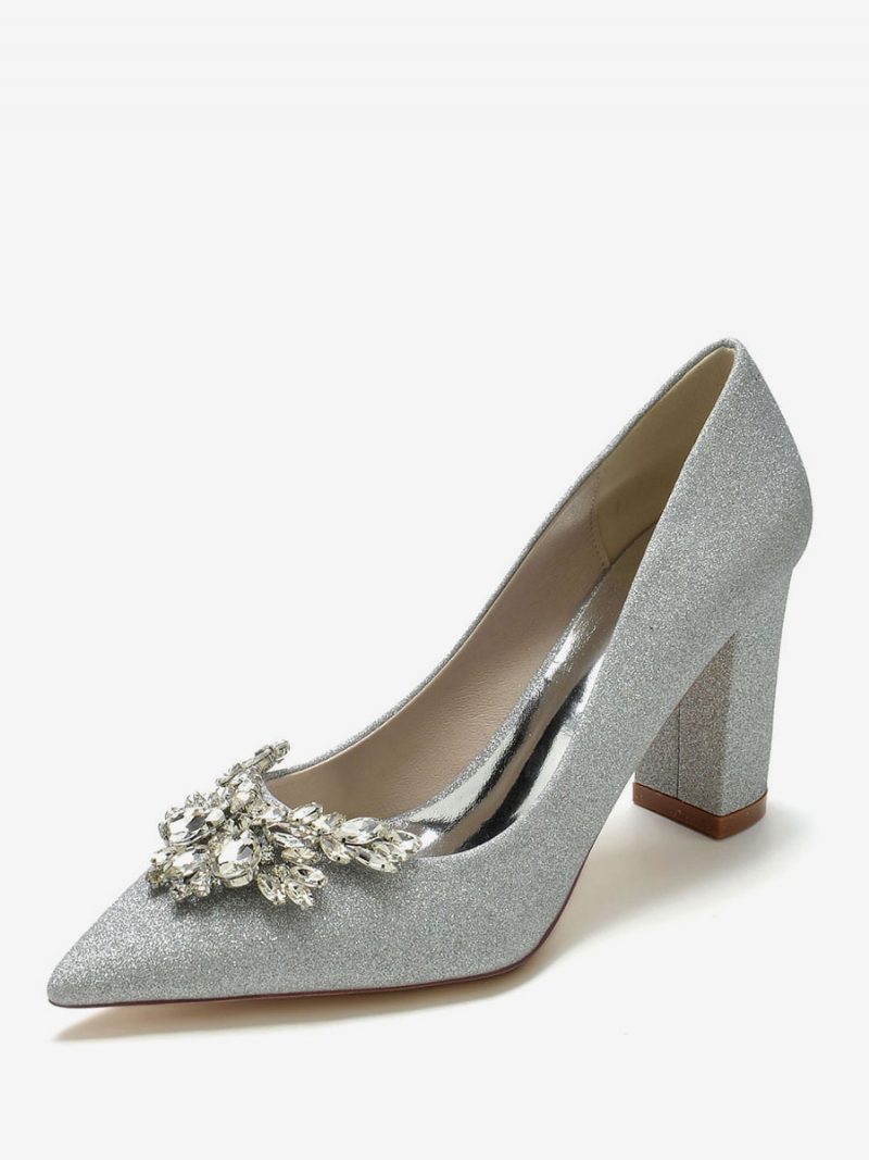 Damen-hochzeitsschuhe Strasssteine Spitzer Zehenbereich Klobiger Absatz Brautschuhe - Silber