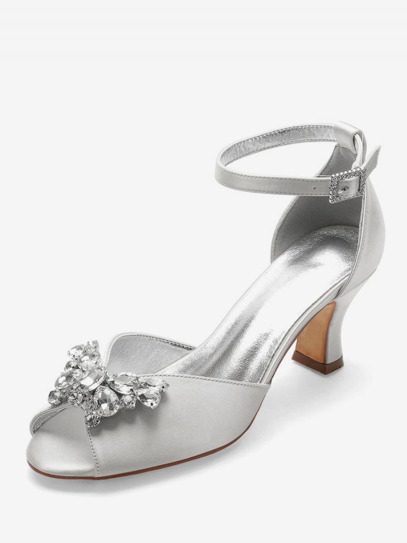 Damen-peep-toe-brautschuhe Mit Knöchelriemen Und Klobigem Niedrigem Absatz - Silber