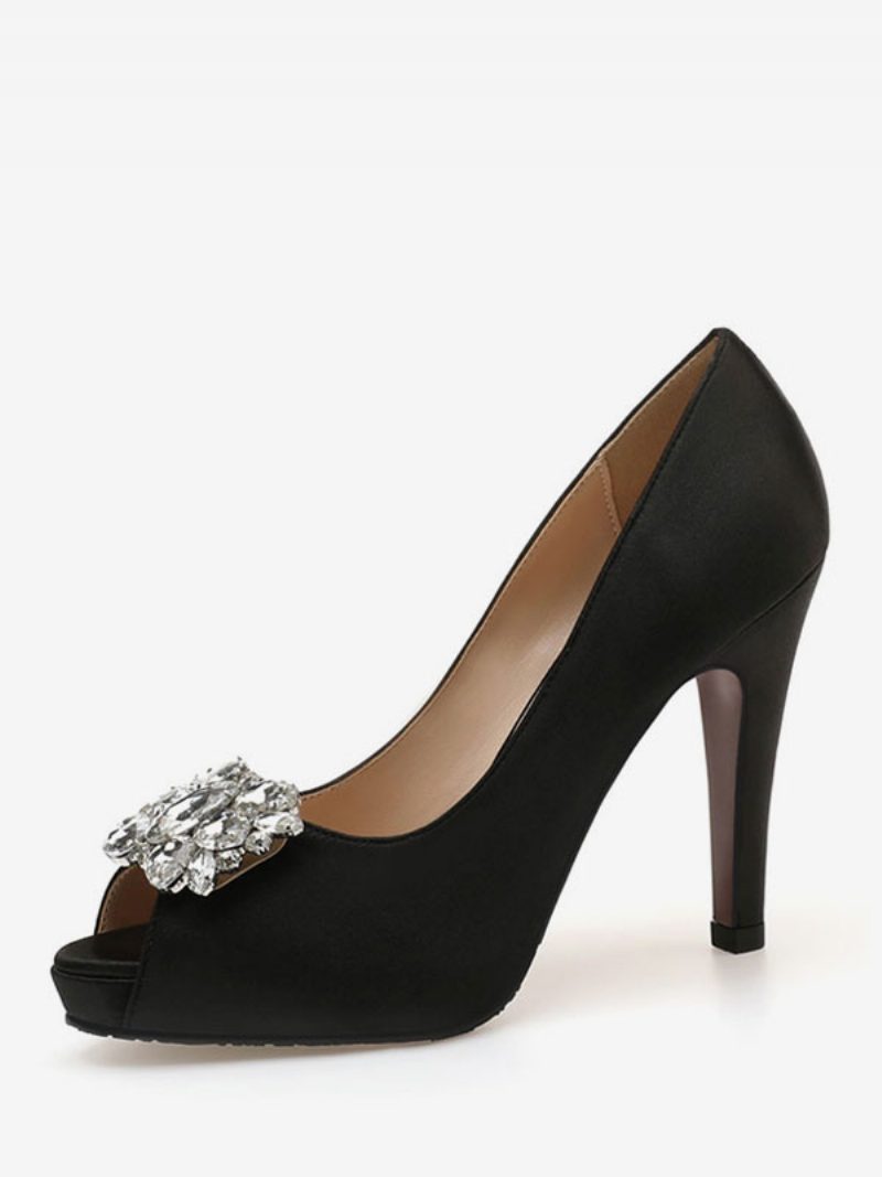 Damen Peep Toe Strass Brautschuhe Pumps Mit Absatz - Schwarz