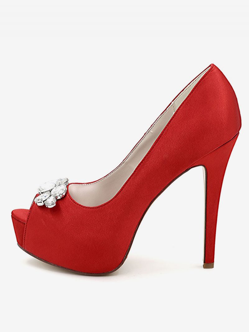 Damen-plateau-hochzeitsschuhe Peep-toe-pumps Mit Stiletto-absatz Aus Satin - Rot