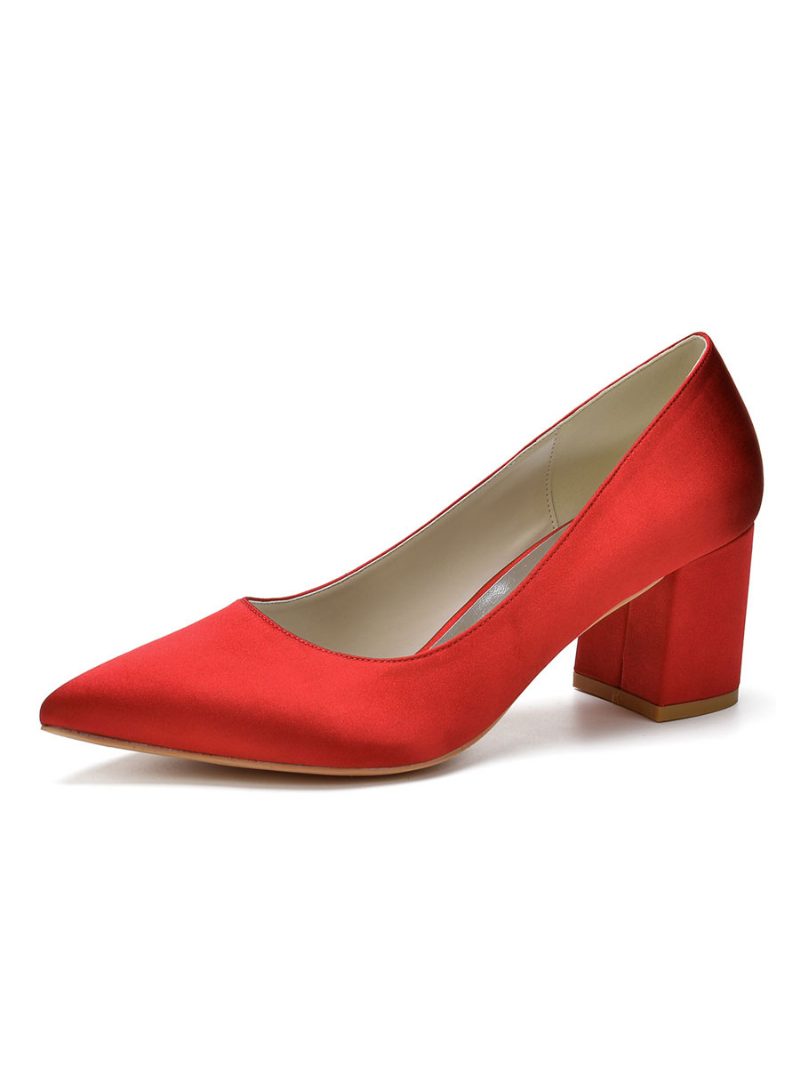 Damen-pumps Aus Satin Mit Blockabsatz Und Niedrigem Absatz - Rot