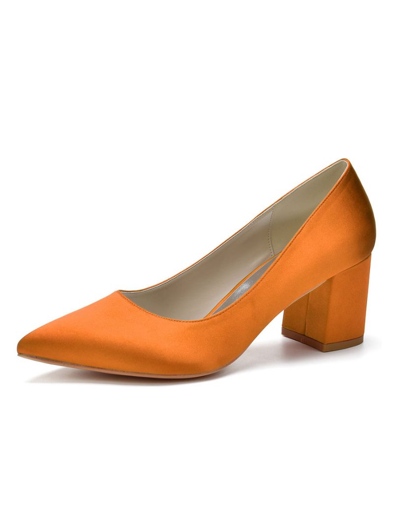 Damen-pumps Aus Satin Mit Blockabsatz Und Niedrigem Absatz - Orange