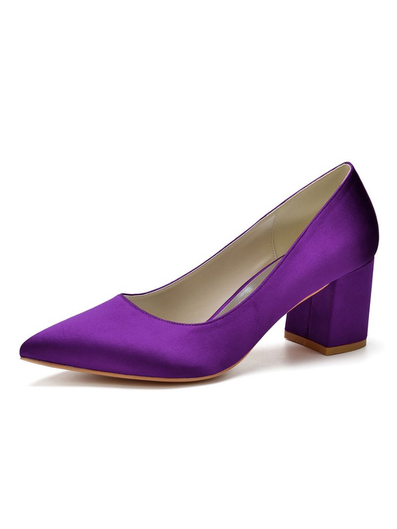 Damen-pumps Aus Satin Mit Blockabsatz Und Niedrigem Absatz - Tiefviolett