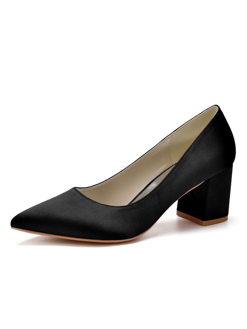 Damen-pumps Aus Satin Mit Blockabsatz Und Niedrigem Absatz - Schwarz