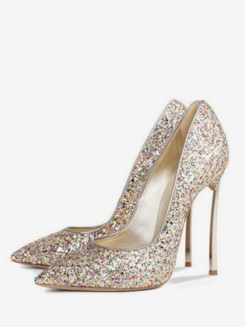 Damen-pumps Mit Glitzerndem Absatz Abend-absatz Abschlussball-schuhe - Hellgold