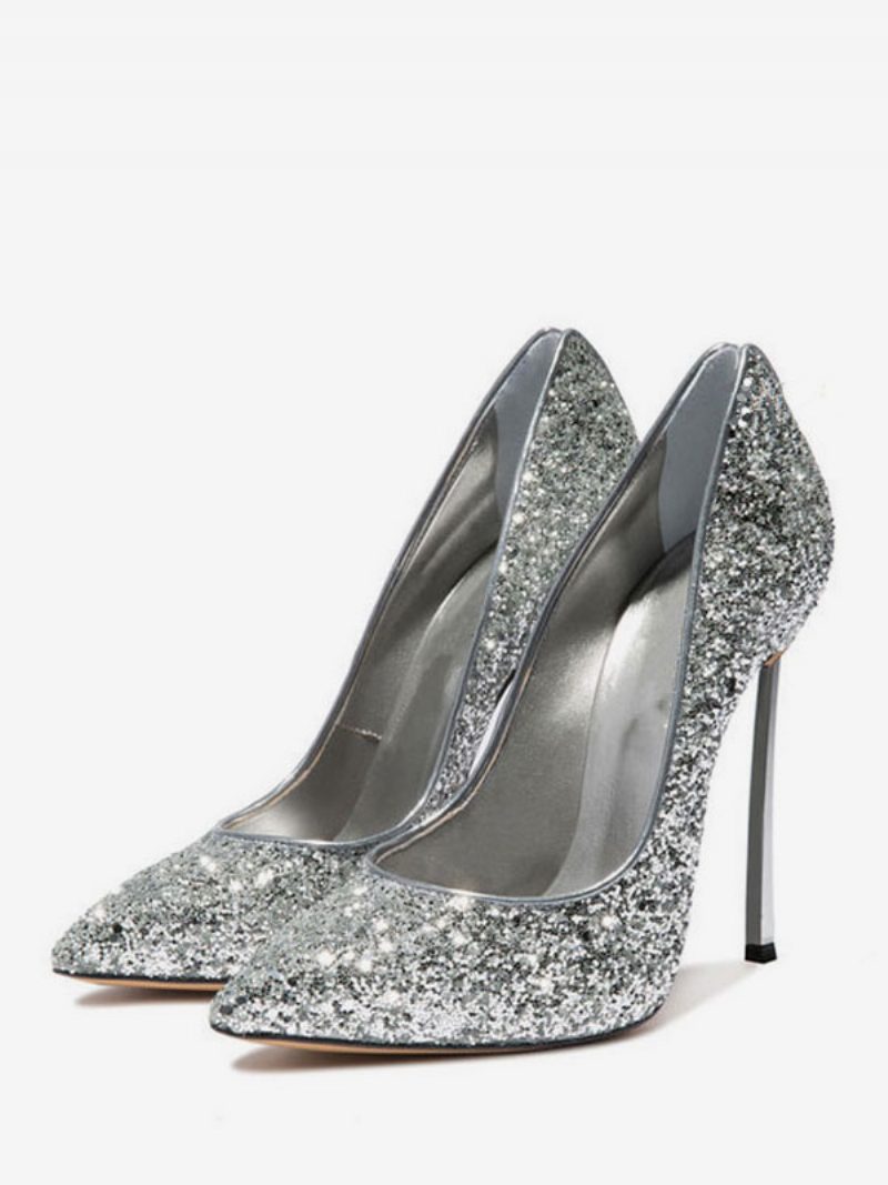 Damen-pumps Mit Glitzerndem Absatz Abend-absatz Abschlussball-schuhe - Silber