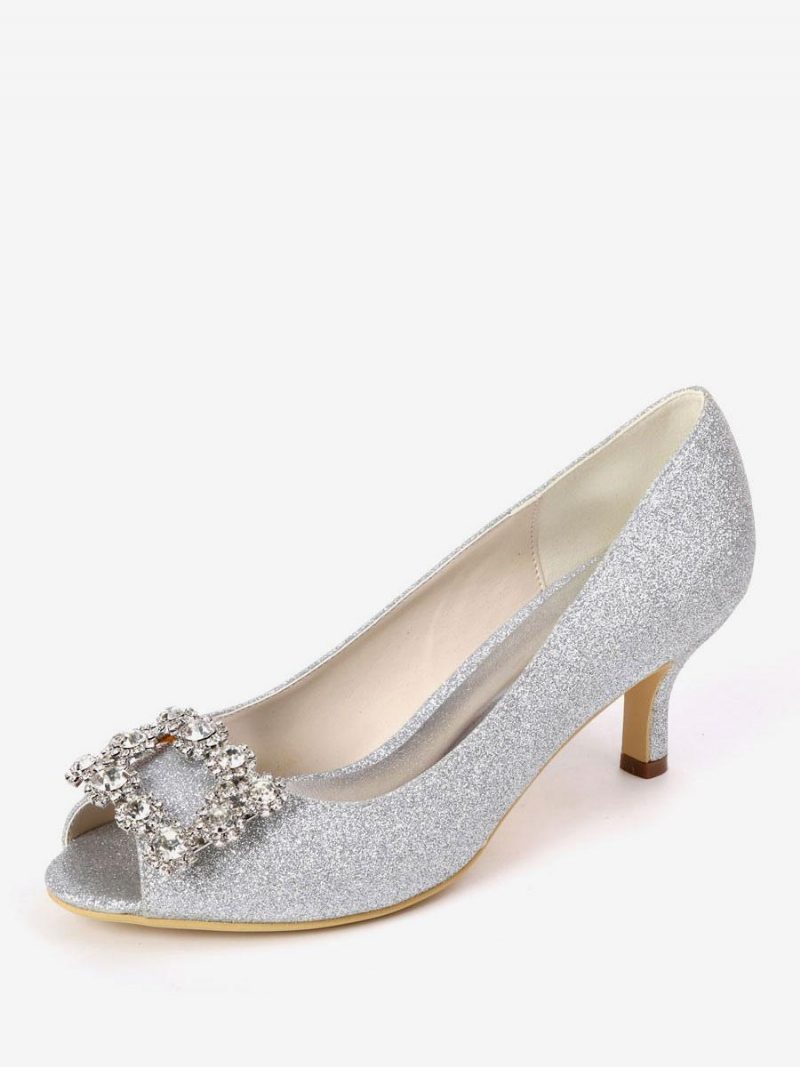 Damen-pumps Mit Strass-glitzer-kitten-heel-braut-pumps Und Peep-toe - Weiß